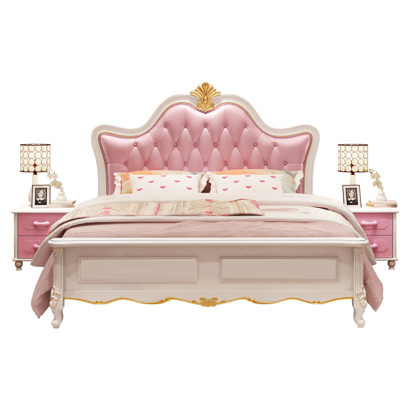 全实木儿童床床粉色公主床欧式真皮双人床女孩1.5m1.8米梦幻软包
