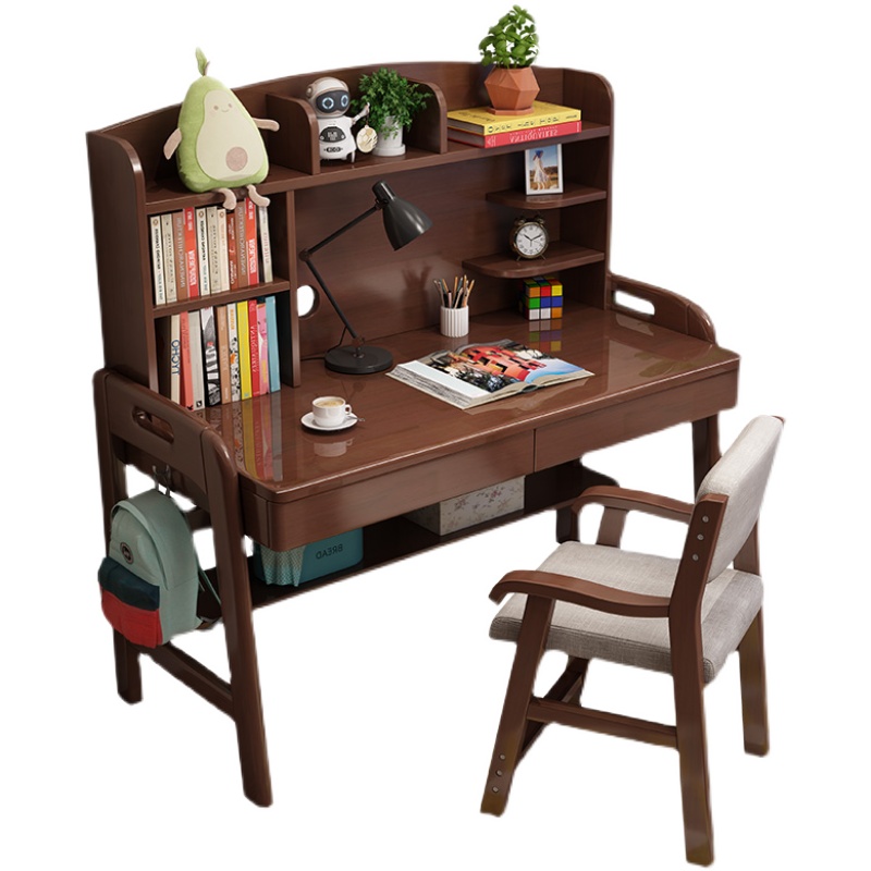 实木书桌书架一体桌电脑桌组合男小户型儿童学习桌女孩卧室写字台